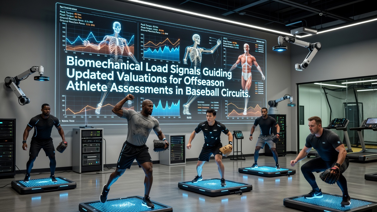 Baseball player undergoing biomechanical load assessment with sensor equipment during offseason evaluation