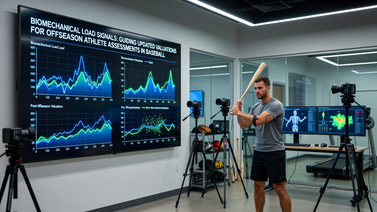 Analysts reviewing biomechanical load data charts and graphs on multiple screens in a baseball team evaluation room