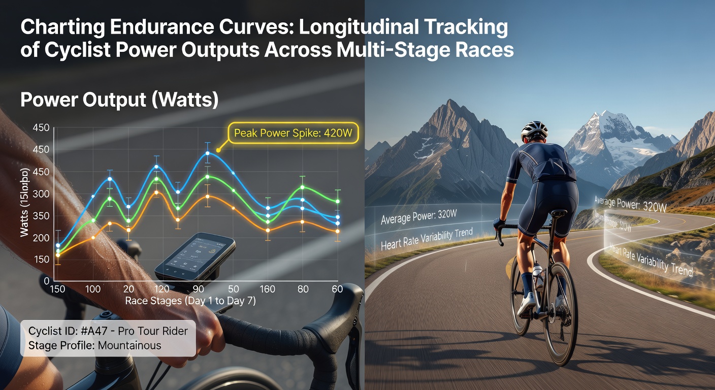Cyclists climbing a mountain stage with power meter data overlays showing endurance metrics during a multi-stage race
