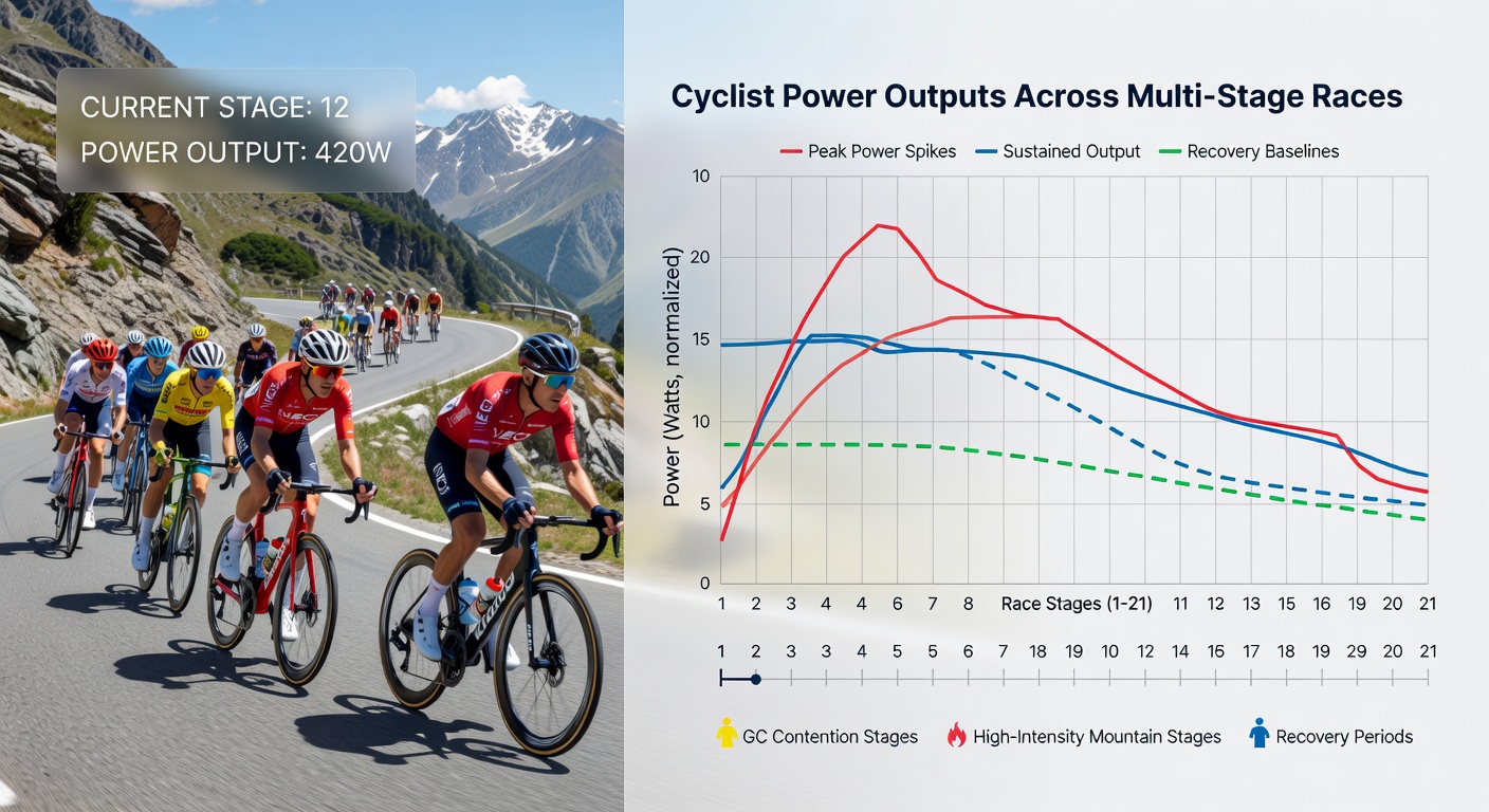 Graph displaying longitudinal power output curves for multiple cyclists across stages of a race with annotations for key metrics