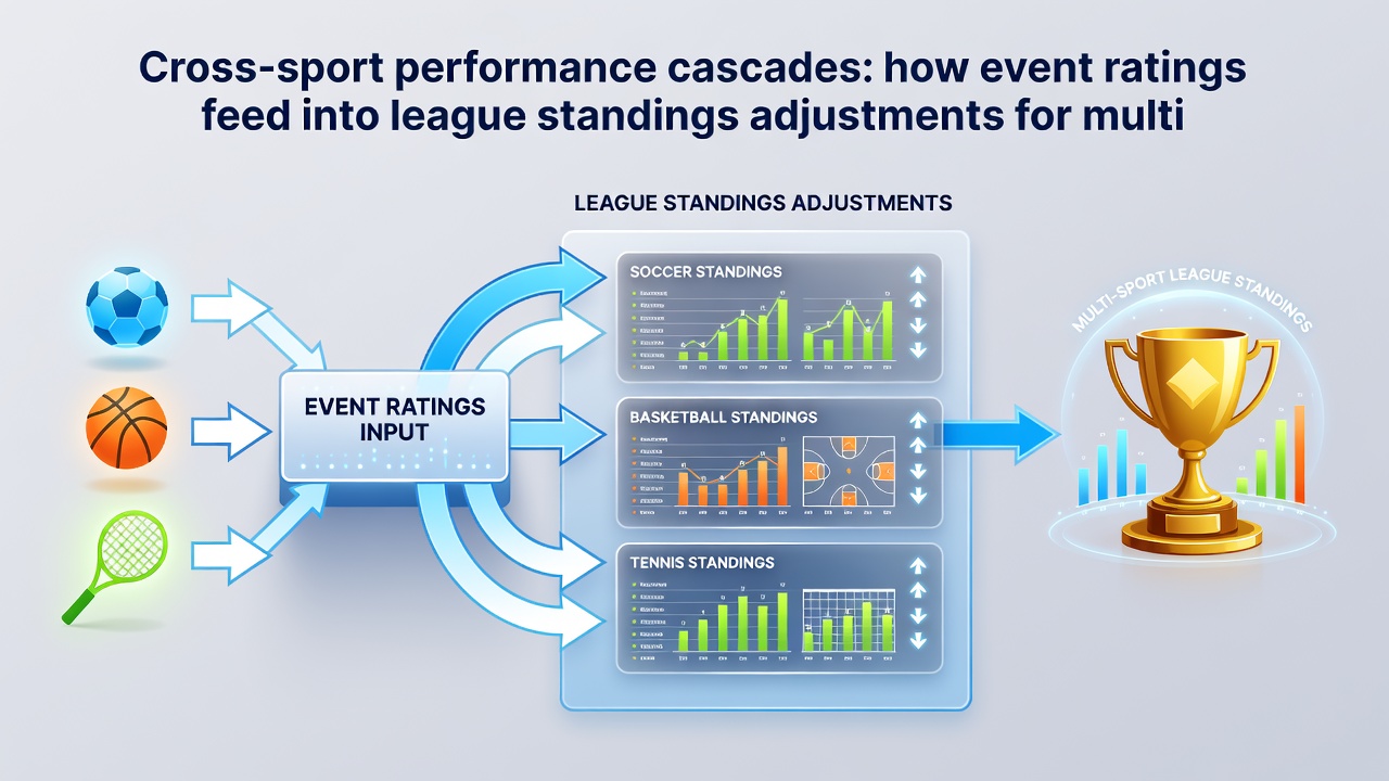 Data visualization of rating cascades linking multi-sport events to adjusted league positions for athletes