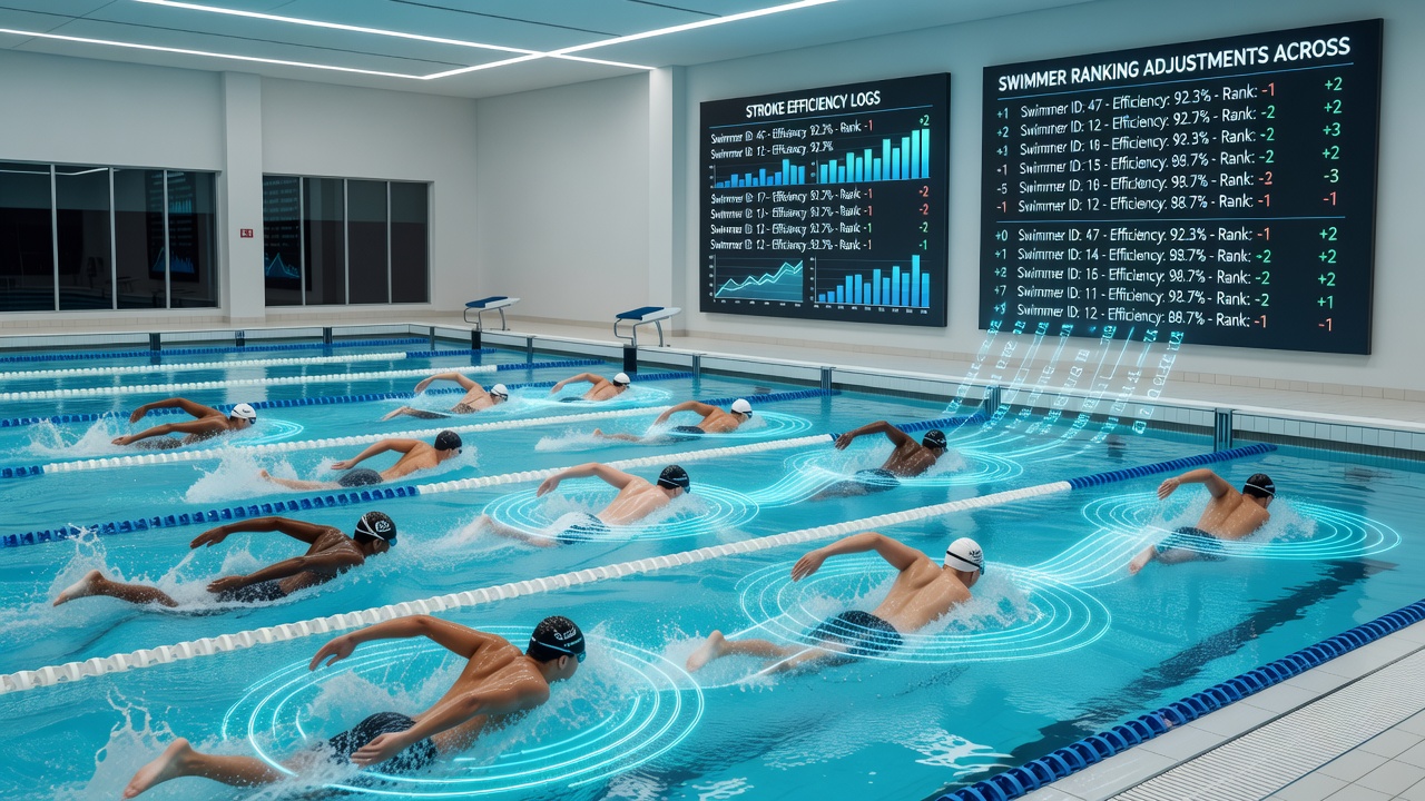 Analytics dashboard displaying swimmer stroke data trends and international ranking shifts over time