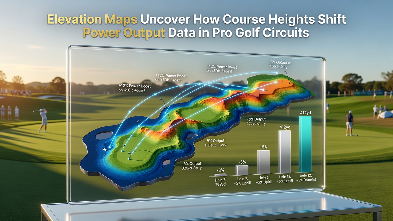 Elevation contour map overlay showing altitude variations across a professional golf course with data points for power output metrics