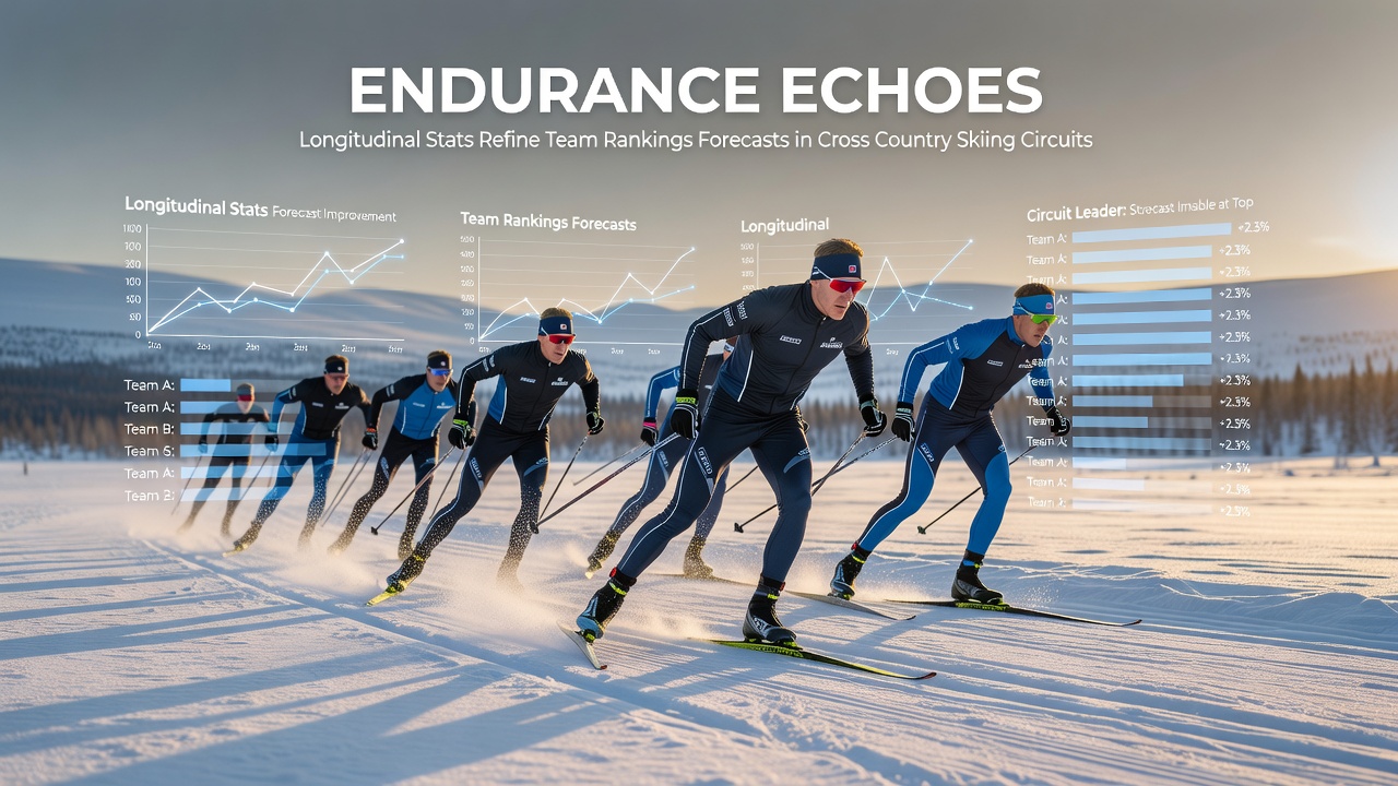 Cross country skiers training on a snowy trail with performance tracking overlays