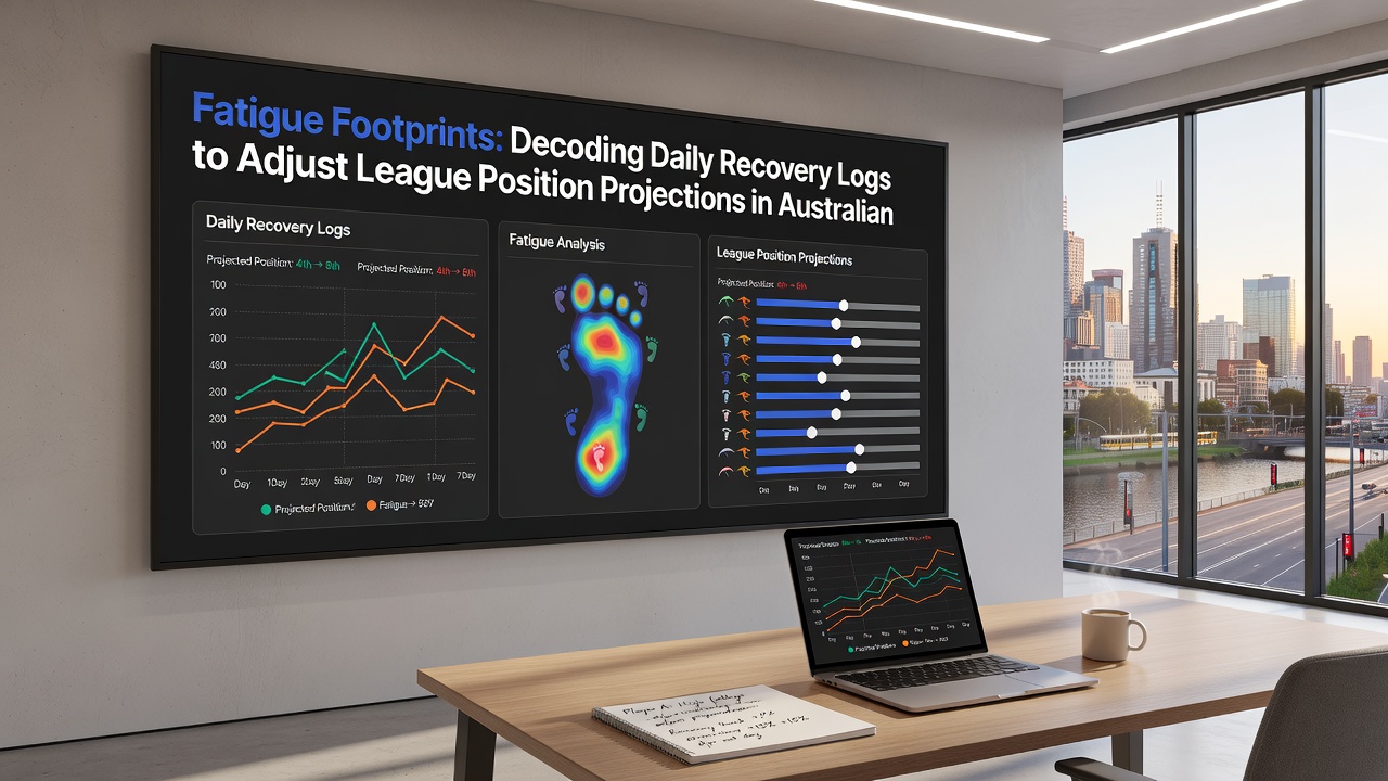 Data dashboard displaying AFL recovery metrics and updated ladder projections on a coaching staff monitor