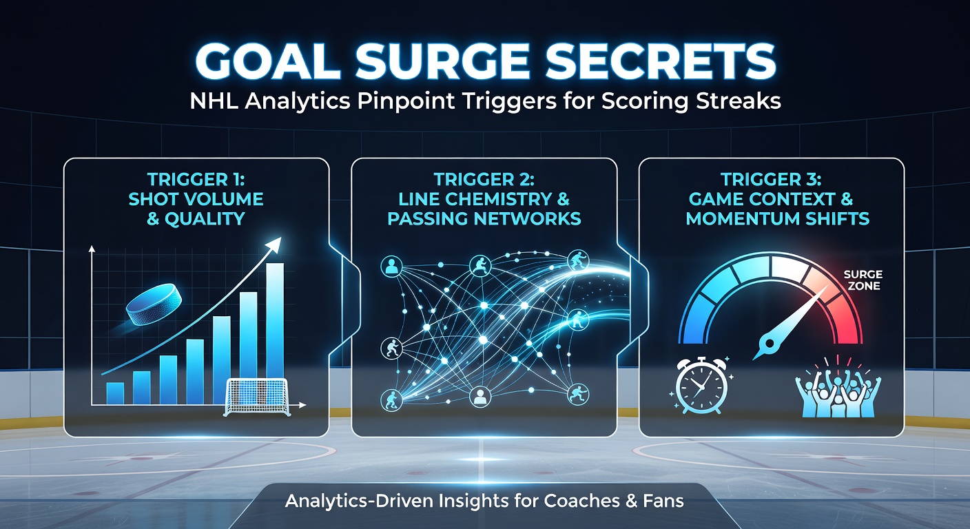 Data visualization of NHL goal surge triggers, showing graphs of xG clusters, forecheck intensity, and zone time during scoring streaks
