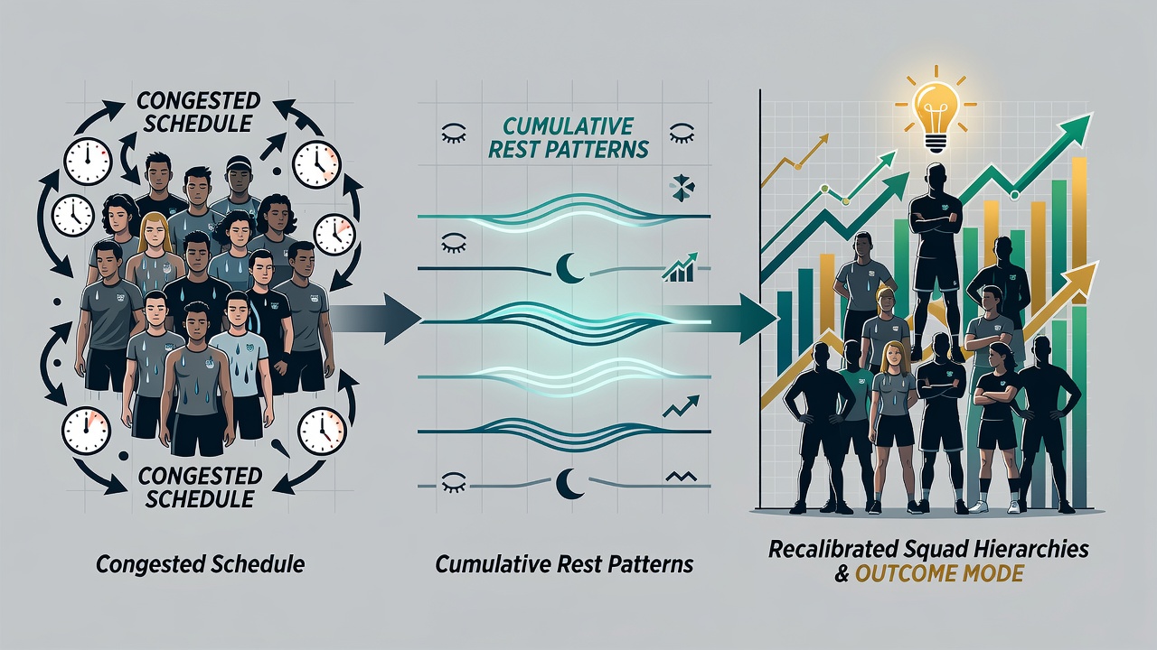 Handball analysts reviewing squad rotation data and rest metrics on digital dashboards