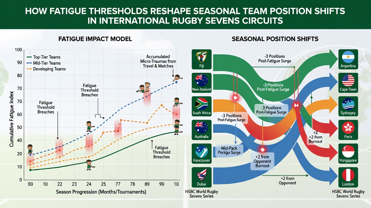 Analysis dashboard showing fatigue threshold data for rugby sevens teams during seasonal tracking