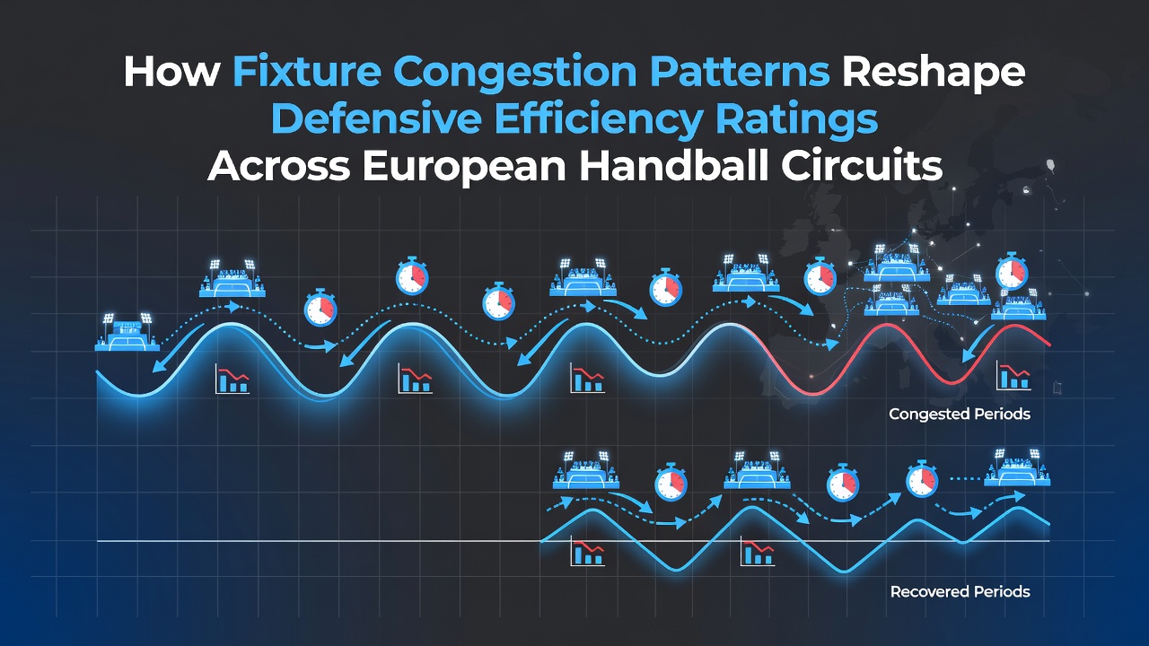 European handball players during a congested match schedule with defensive formations visible on court
