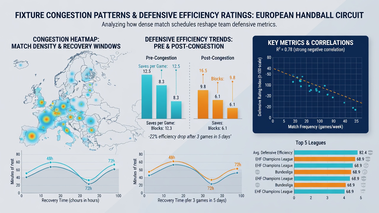 Handball defensive statistics chart showing efficiency drops during congested fixture periods