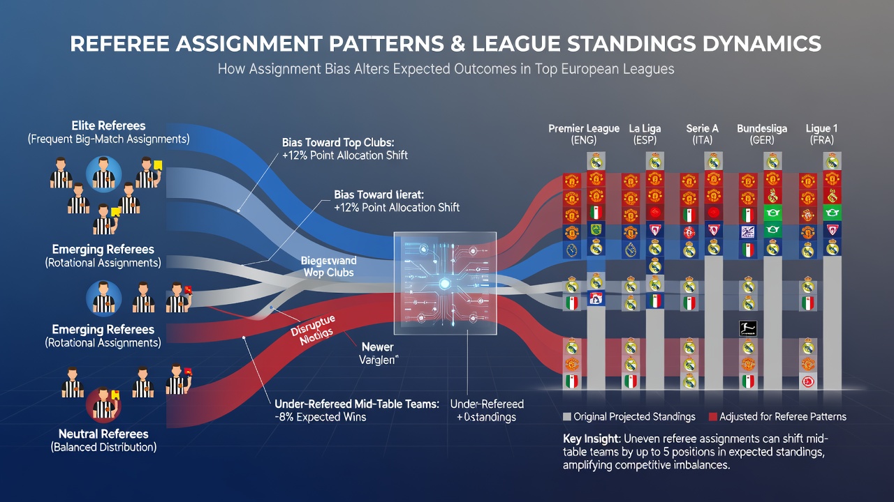 Graph illustrating cumulative impact of referee patterns on team rankings in European soccer over multiple seasons