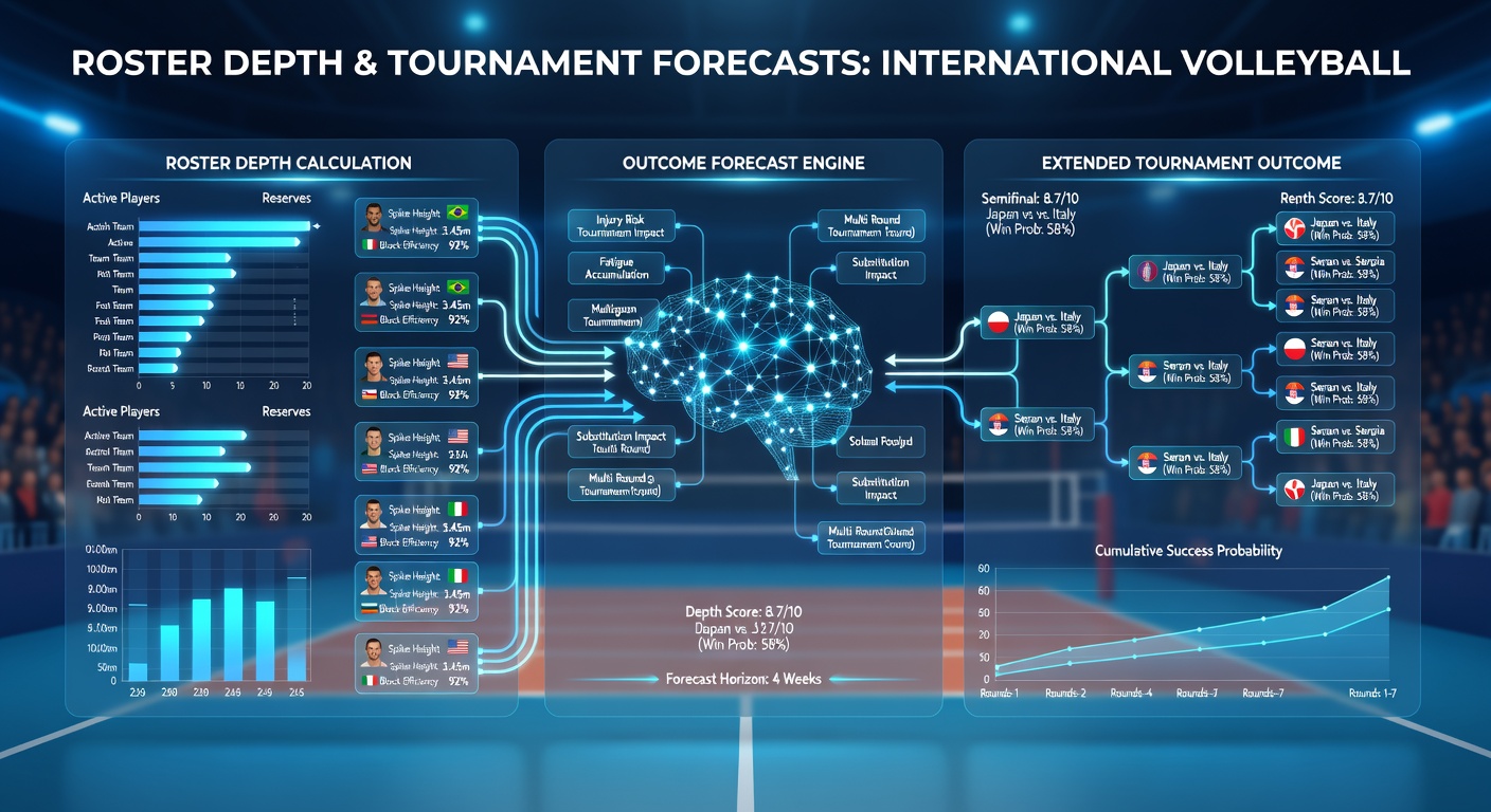 Data analysts reviewing volleyball roster depth charts and tournament forecast models on multiple screens