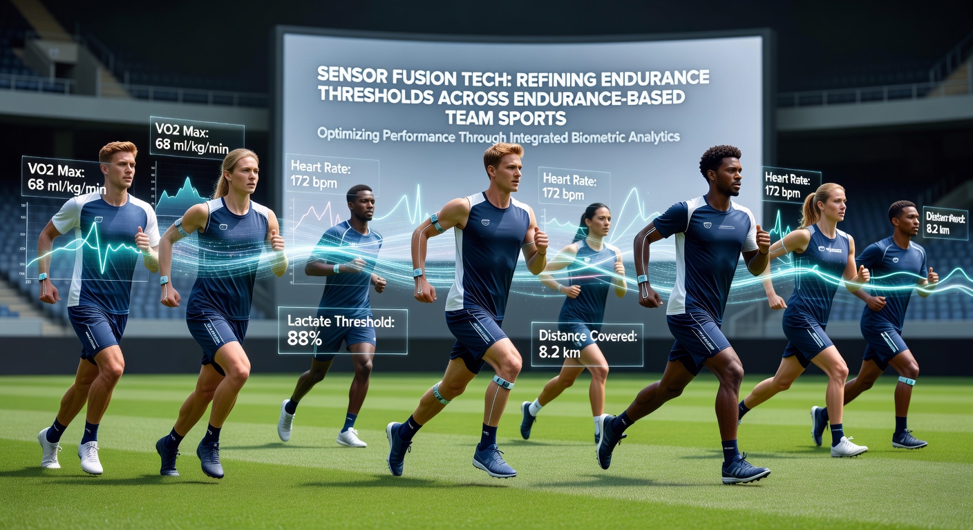 Athletes wearing sensor fusion devices during a team endurance training session on a soccer field