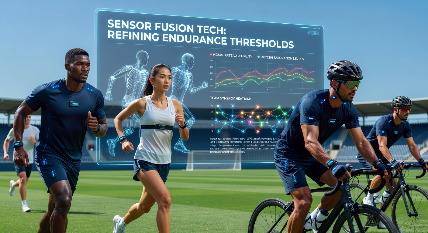 Coaching staff reviewing real-time endurance threshold data from sensor fusion systems on a tablet during a match