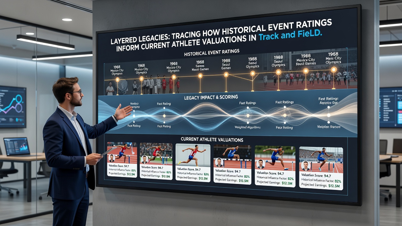 Track and field athletes competing with overlaid performance data charts illustrating valuation models