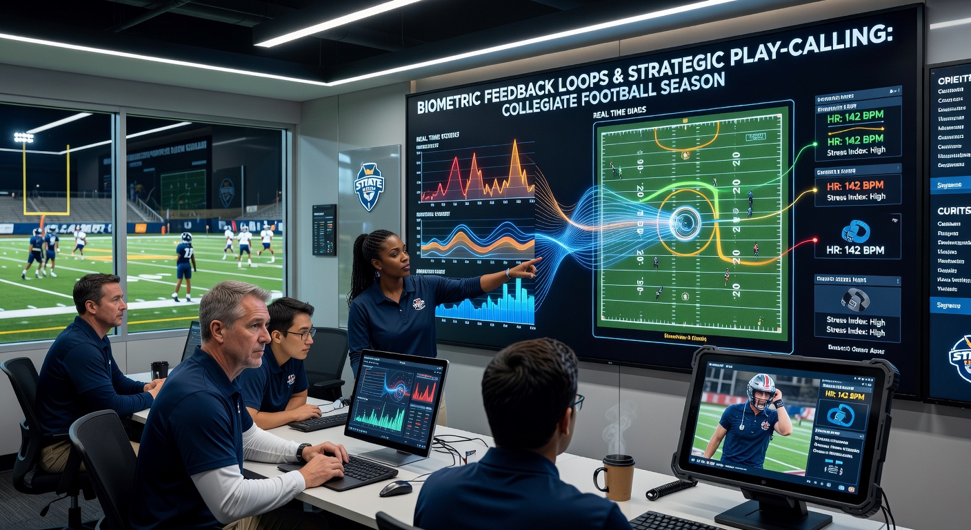 Coaches reviewing biometric dashboard data on tablets during a collegiate football game