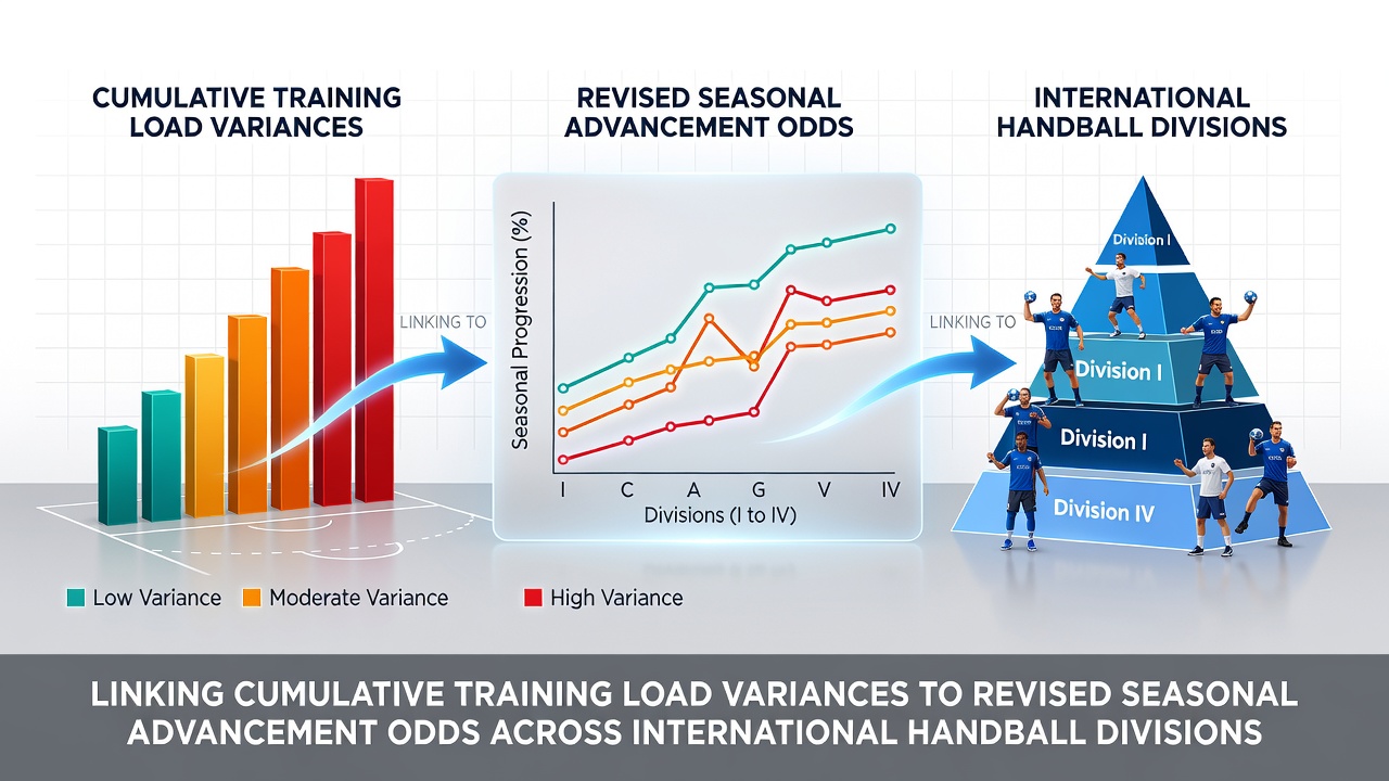 Graph showing cumulative training load variances plotted against seasonal advancement probabilities in multiple handball divisions