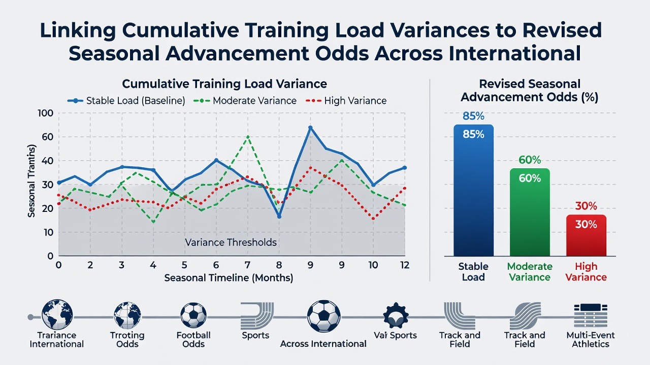 Heatmap illustrating training load variance impacts on team advancement odds across international handball divisions
