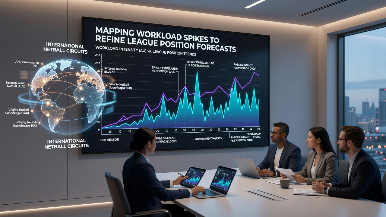 Analyst reviewing netball performance dashboards showing workload metrics and league position projections
