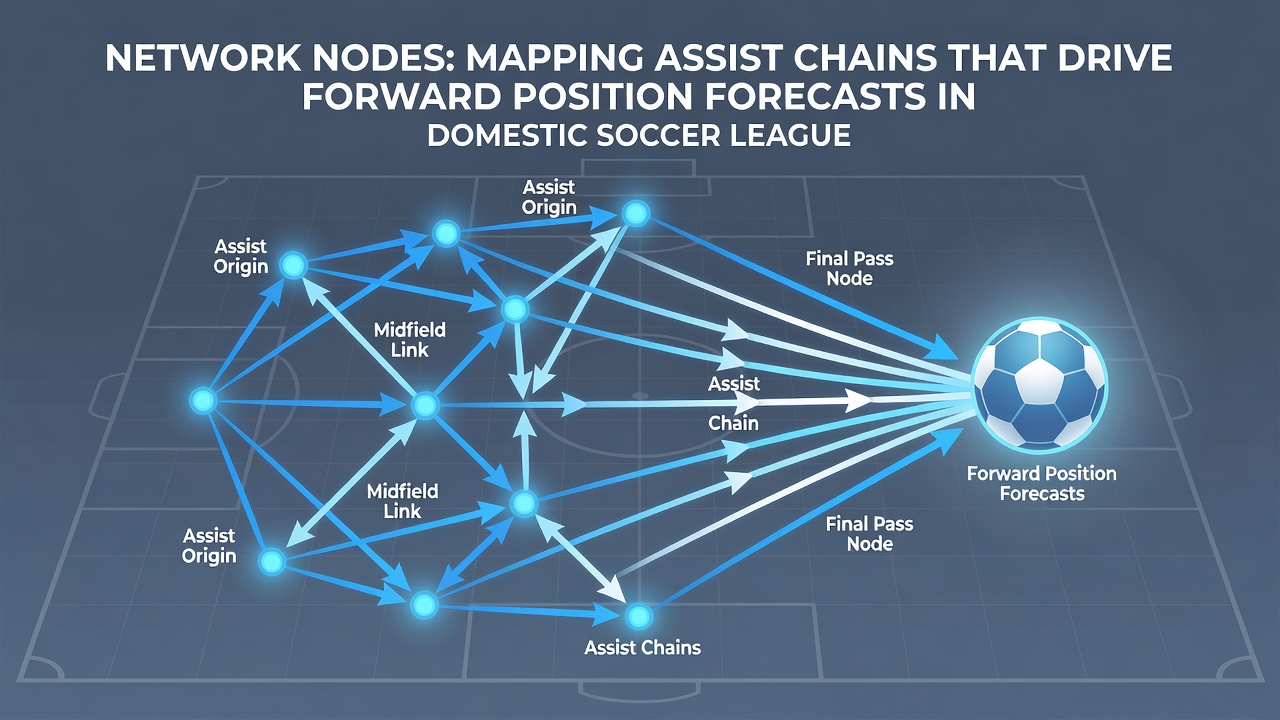 Soccer players on the pitch with overlay of network connections illustrating assist pathways