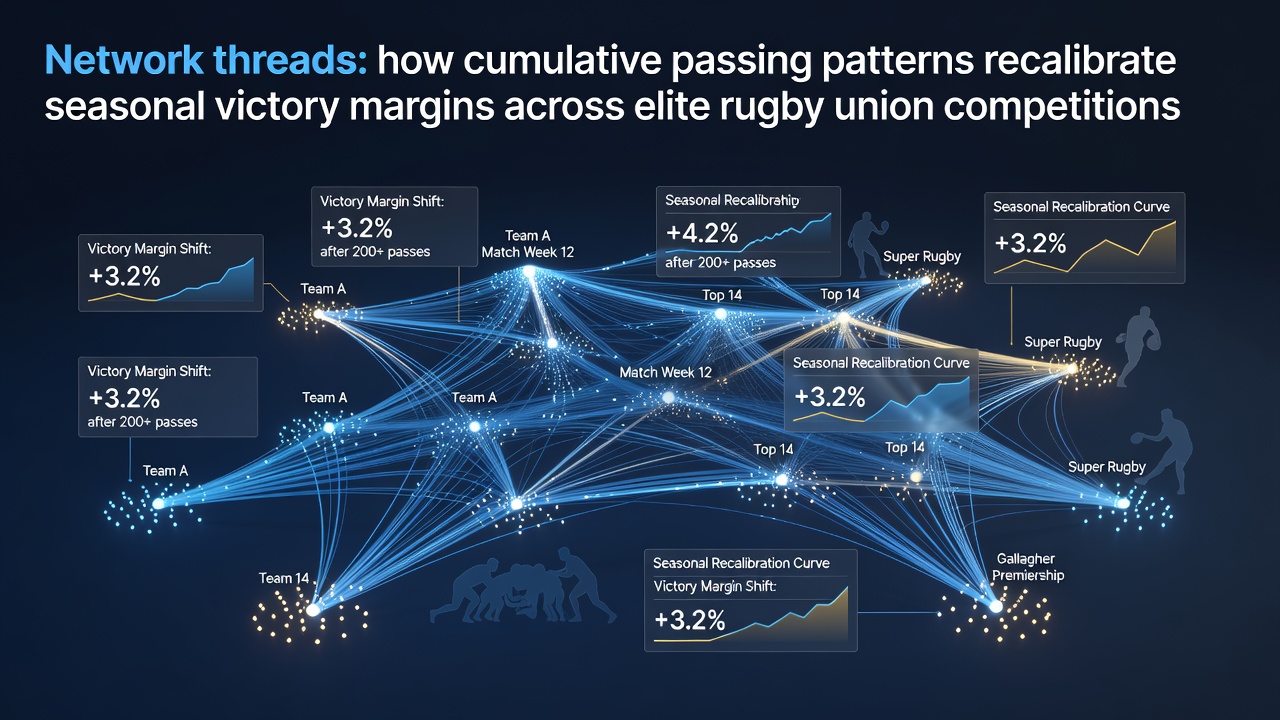Rugby players executing precise passing sequences during an elite union match, illustrating network connections in action