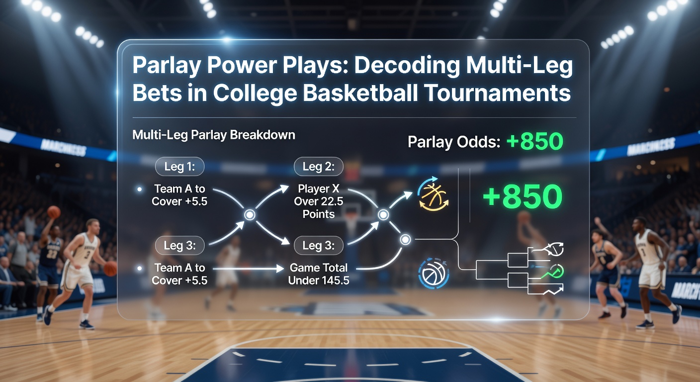 Close-up of a sports betting slip highlighting a multi-leg college basketball parlay during March Madness excitement