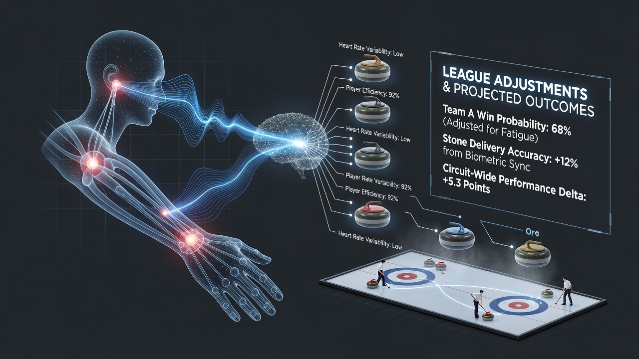 Professional curling athletes monitoring biometric data during a match on an ice rink with wearable sensors