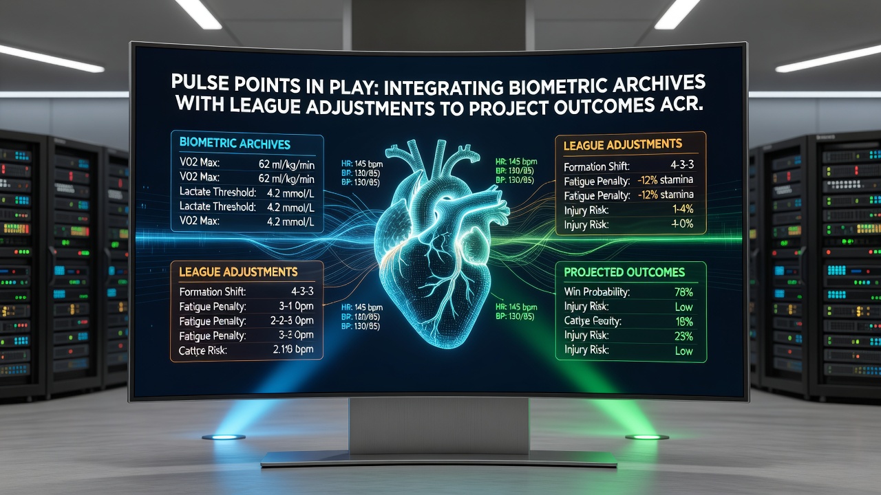 Data analysts reviewing integrated biometric and league statistics on screens during a professional curling tournament