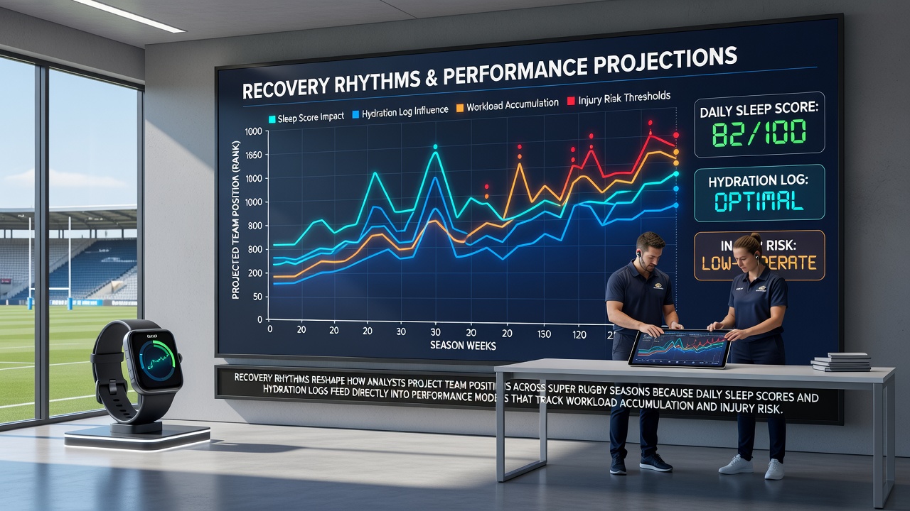 Super Rugby players monitoring recovery metrics during a training session in 2026