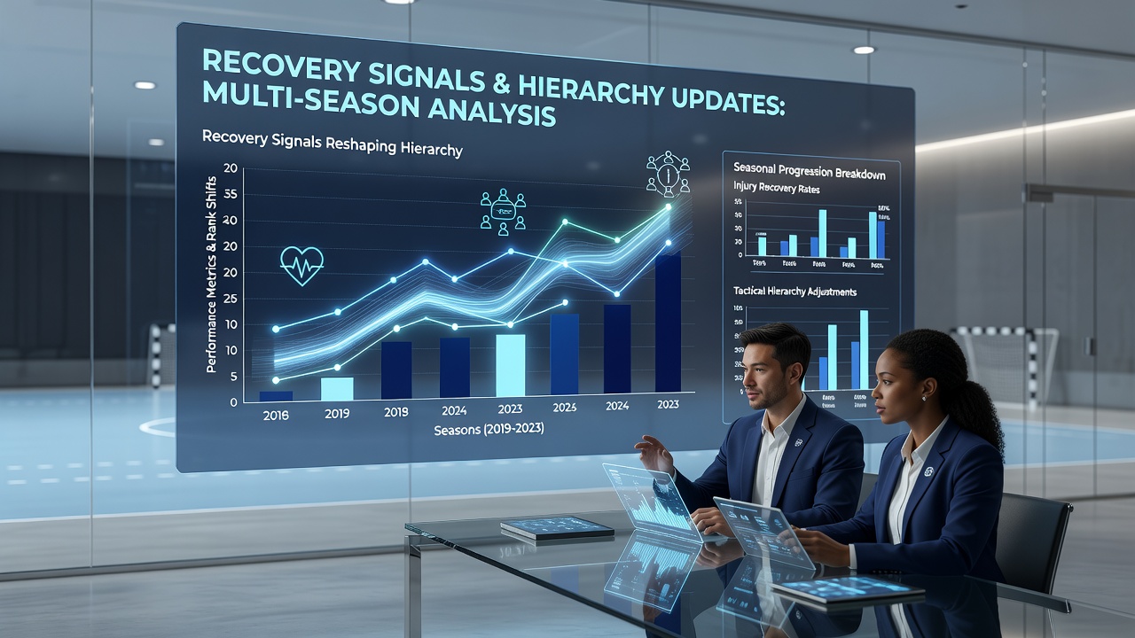 Handball team reviewing recovery analytics on digital dashboard in locker room