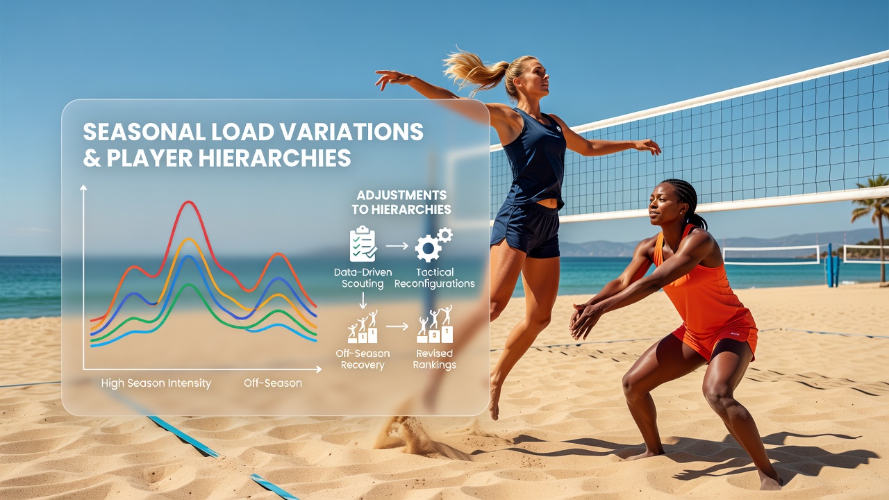 Data analysts reviewing performance dashboards showing seasonal workload graphs for beach volleyball athletes