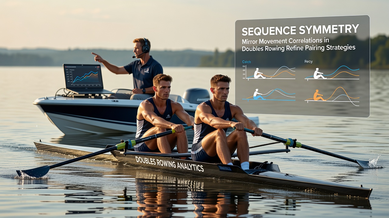 Coaches reviewing motion capture data overlays showing mirror movement correlations between rowing partners