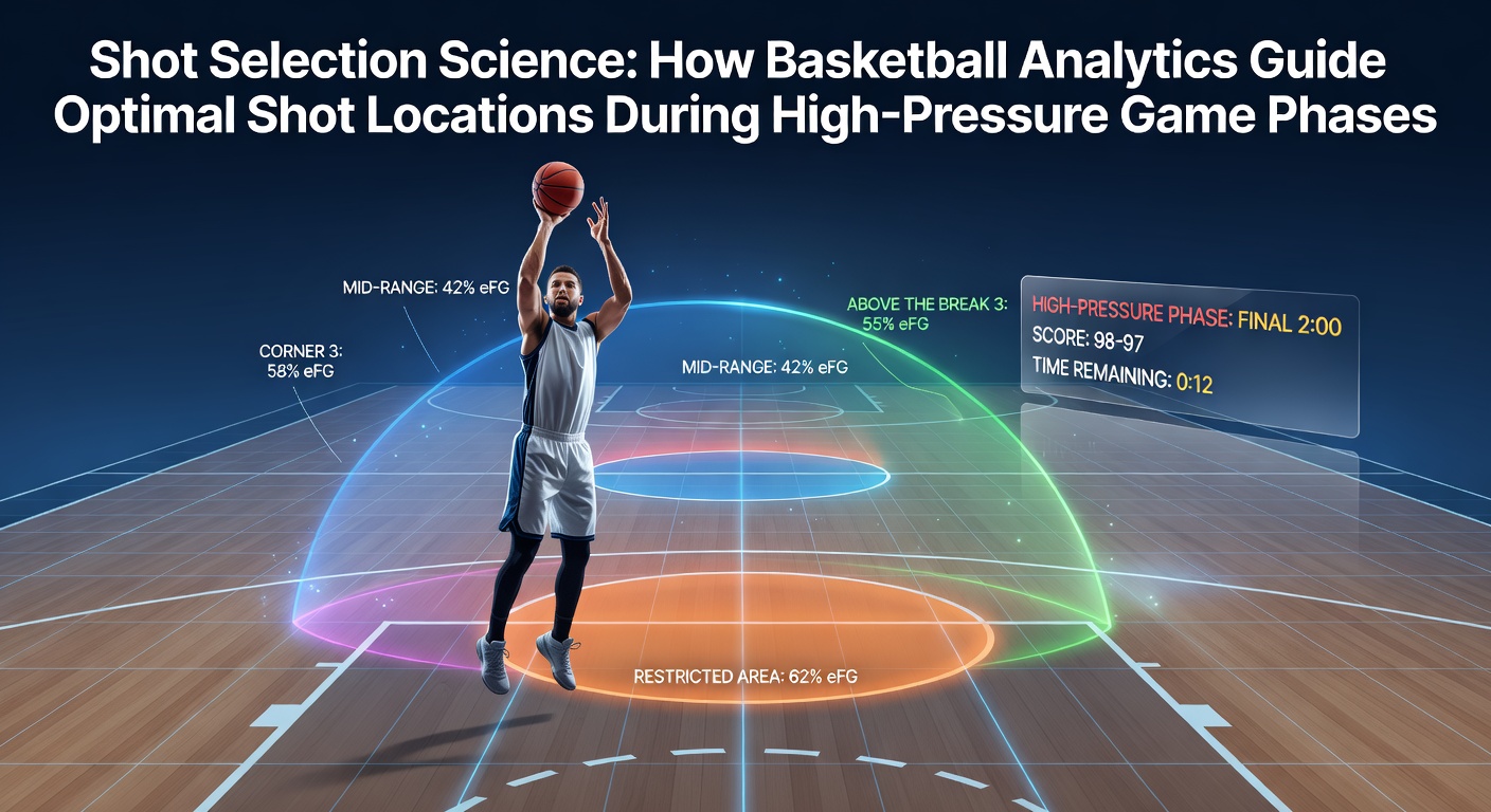 Basketball player taking a shot in a high-pressure game moment with analytics overlay showing shot efficiency zones