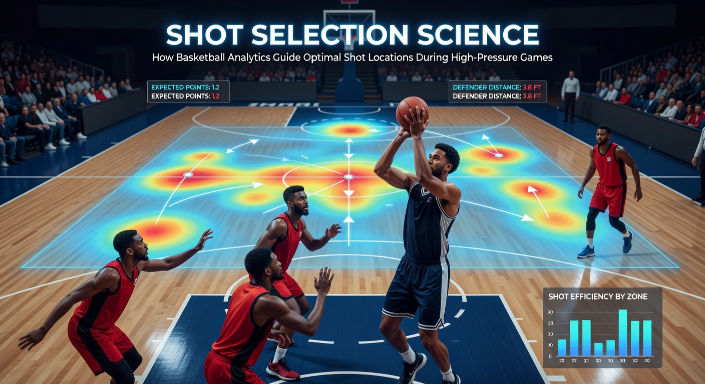 Analytics dashboard displaying basketball court with highlighted optimal shot locations and pressure phase statistics