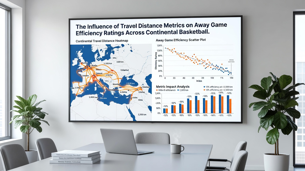 Bar chart comparing away efficiency ratings by distance bands in European, North American, and Asian basketball conferences