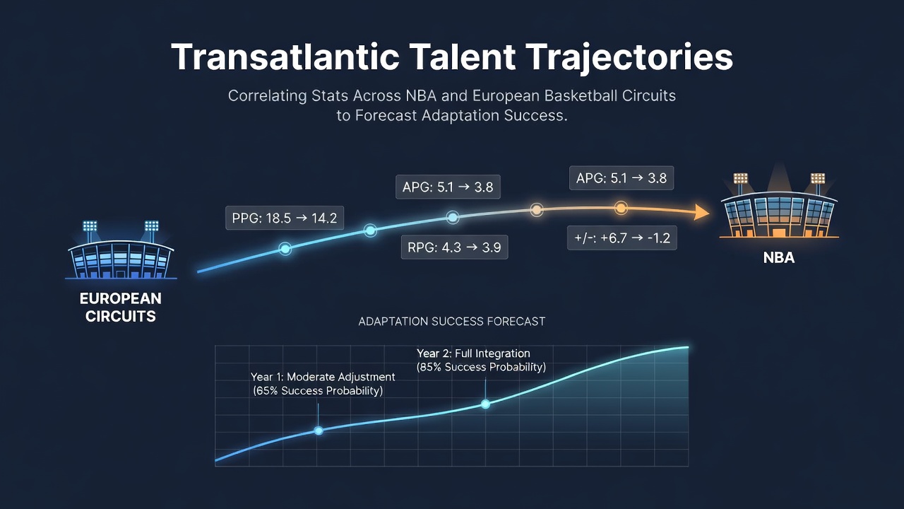 NBA and European basketball players adapting across leagues with statistical overlays showing performance correlations