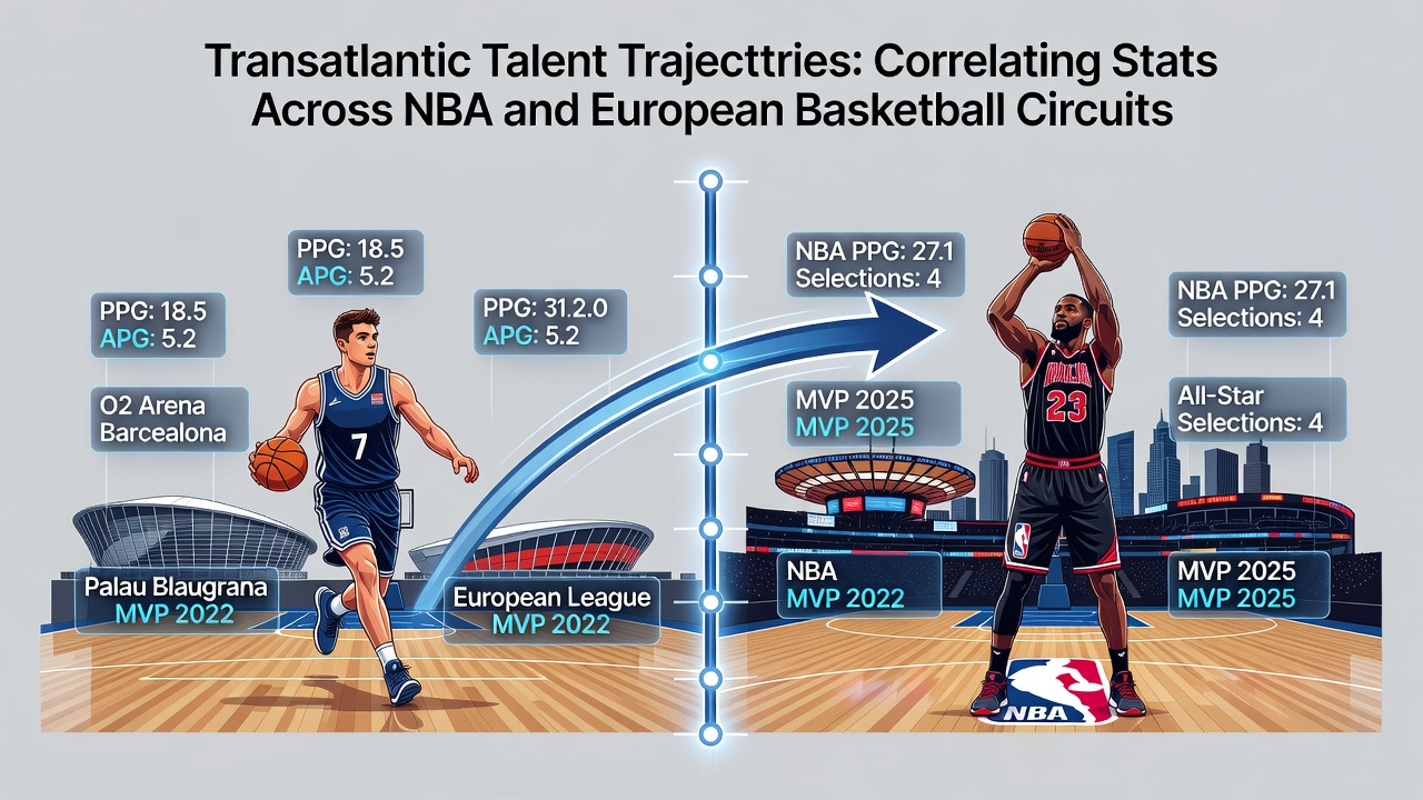Detailed charts comparing player efficiency metrics from European leagues to NBA outcomes during adaptation periods