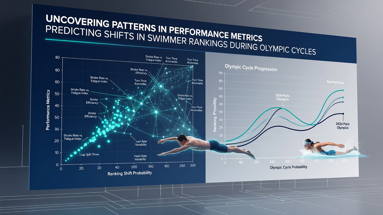 Close-up of swimmer executing an underwater dolphin kick with overlaid metrics for distance and velocity