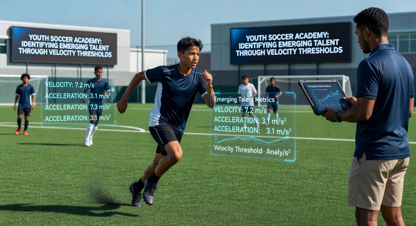 Analysts reviewing velocity data dashboards from youth soccer matches with overlaid speed heat maps