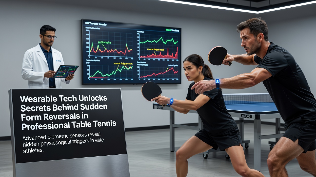 Close-up of wearable tech dashboard displaying real-time table tennis performance metrics
